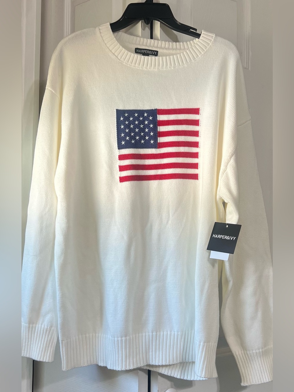 Harper Ivory Crewneck Sweater with American Flag Chest